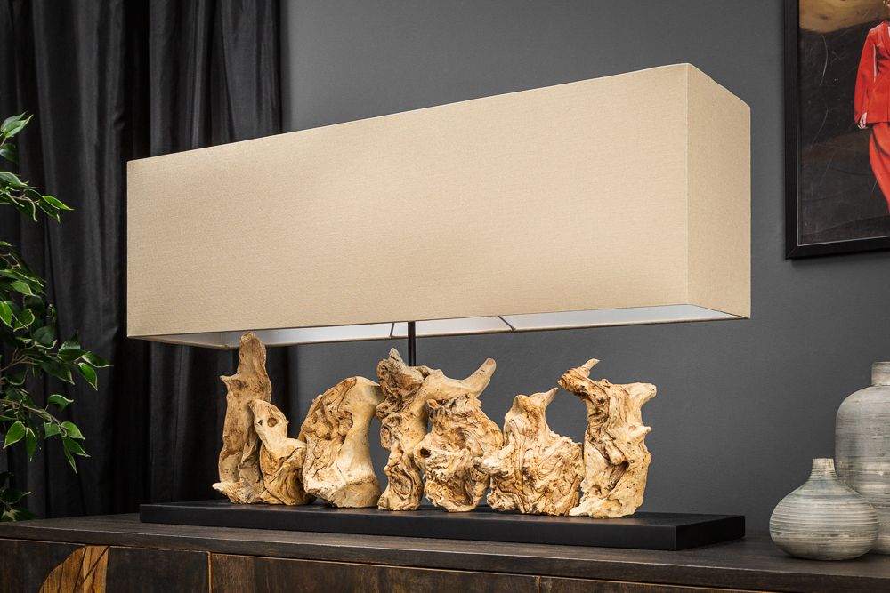 Einzigartige Treibholz Tischlampe PURE UNIQUE 80cm beige mit Leinenschirm