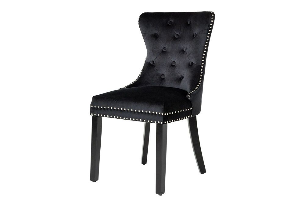 Chesterfield Stuhl CASTLE schwarz Samt Massivholz Ziernieten mit Komfortgriff