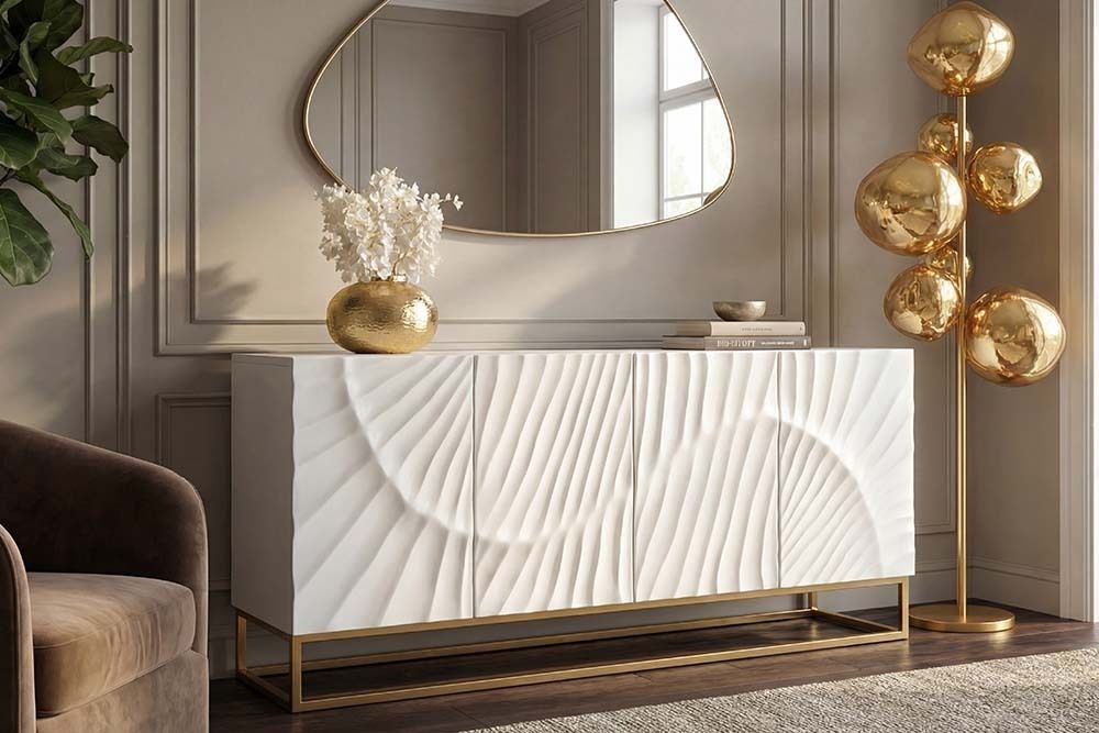 Massives Sideboard SCORPION 180cm weiß Mangoholz gold Metall 3D-Schnitzereien