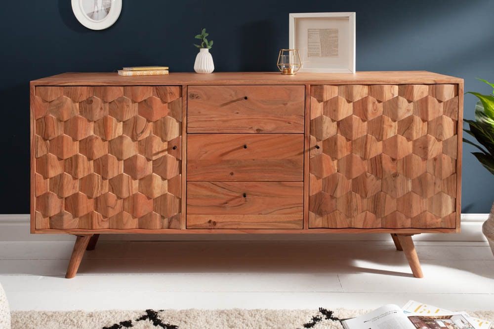 Massivholz Sideboard MYSTIC LIVING 145cm Akazie natur Kommode mit Schubladen 3D-Design