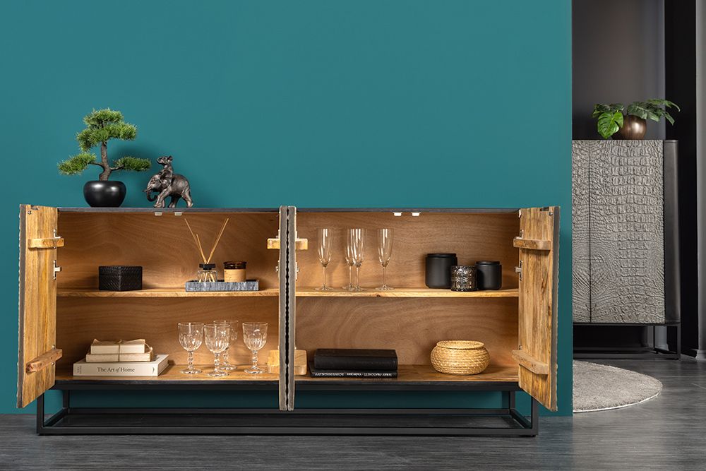 Handgefertigtes Sideboard CROCO 180cm grau schwarz Mangoholz mit 3D Schnitzereien massiv Metall