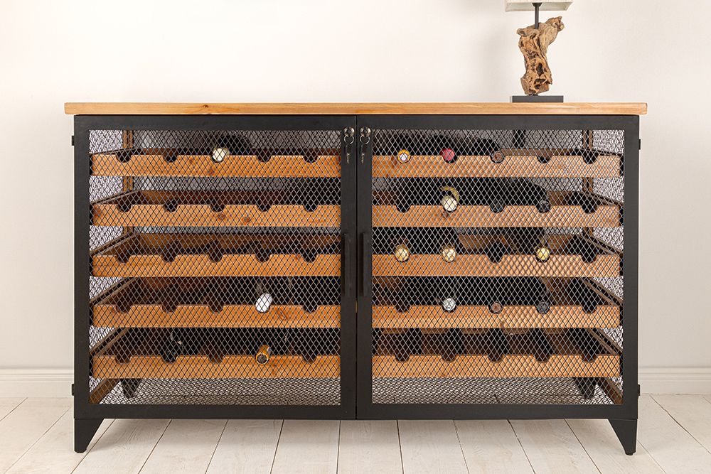 Design Weinboard  BODEGA 130cm natur schwarz Tannenholz Metall Flaschenregal