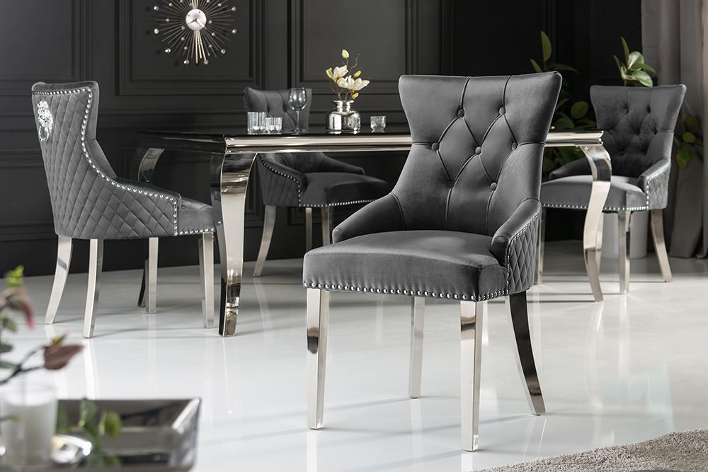 Eleganter Stuhl CASTLE DELUXE grau Samt Löwenkopf Chesterfield Design Esszimmerstuhl Nieten