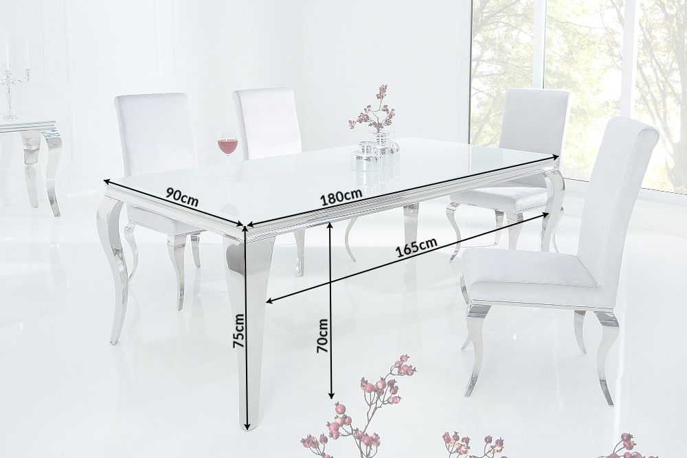 Eleganter Design Esstisch MODERN BAROCK 180cm weiß Opalglas Tischplatte Edelstahl