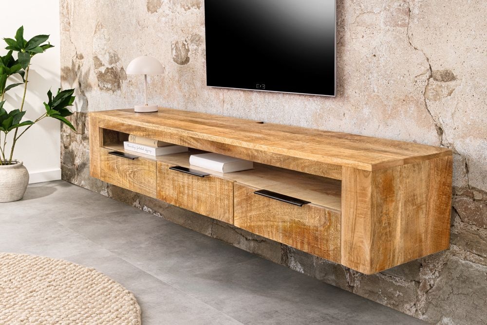 Hängendes TV-Board IRON CRAFT 160cm natur Mango Massivholz drei Schubladen Lowboard