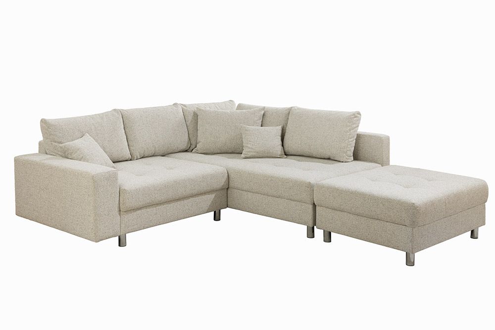 Wohnlandschaft KENT 220cm beige Strukturstoff  Ecksofa Federkern inkl. Hocker