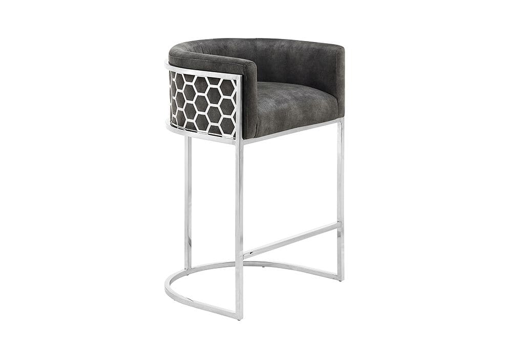 Stilvoller Barhocker ELEGANCE grau Samt silber Edelstahl mit Armlehne und Fußablage