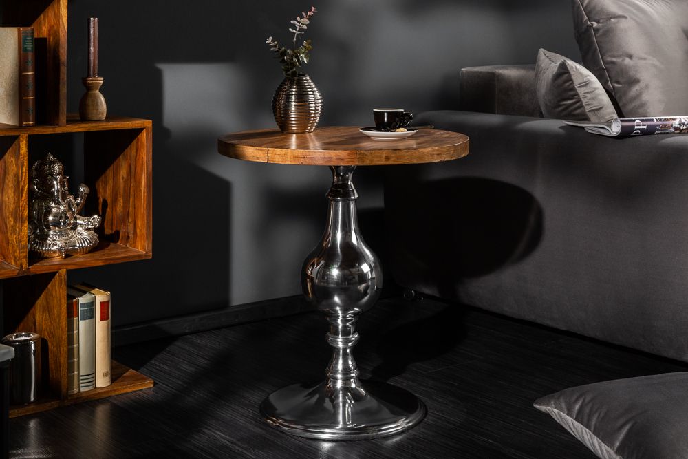 Design Beistelltisch EXTRAVAGANCIA 60cm Mangoholz massiv rund Metall Säulenfuß silber