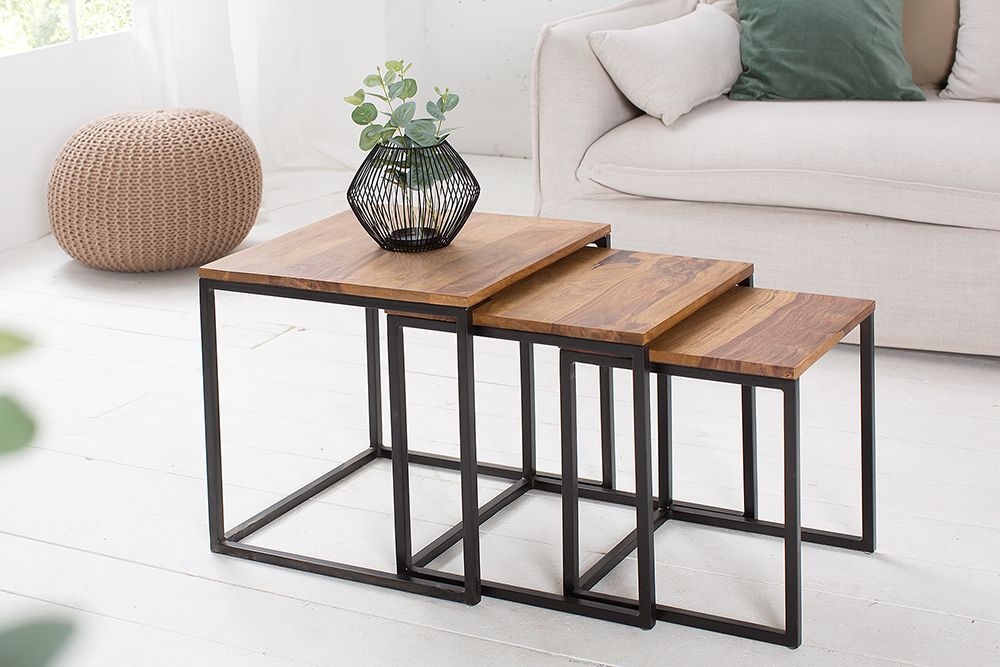 3er Set Beistelltisch ELEMENTS 40cm braun Sheesham Massivholz stone finish Metall