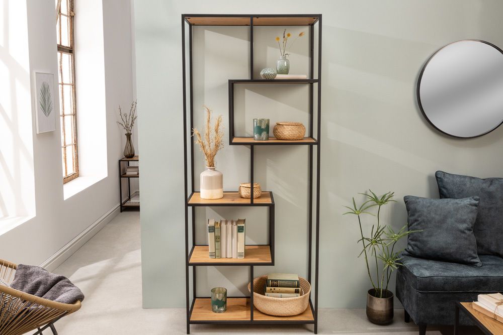 Industrial Bücherregal SLIM LINE 185cm Wildeiche schwarz sechs Regalböden