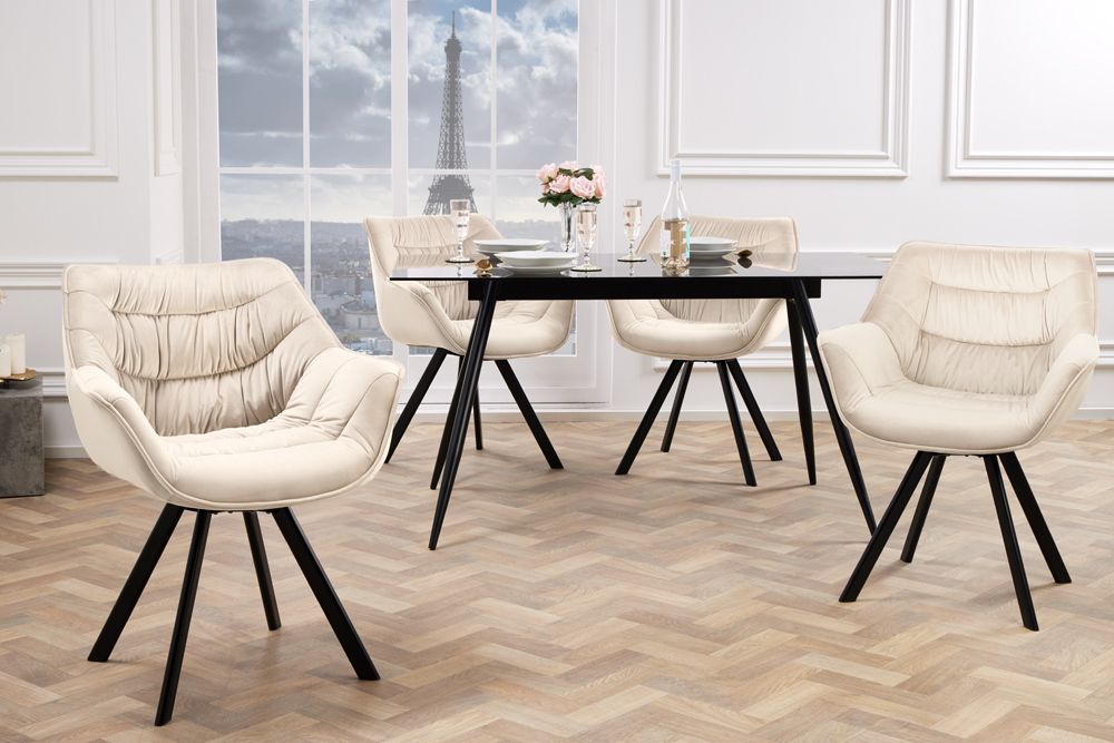 Drehbarer Stuhl THE DUTCH COMFORT champagner beige Samt schwarze Metallbeine