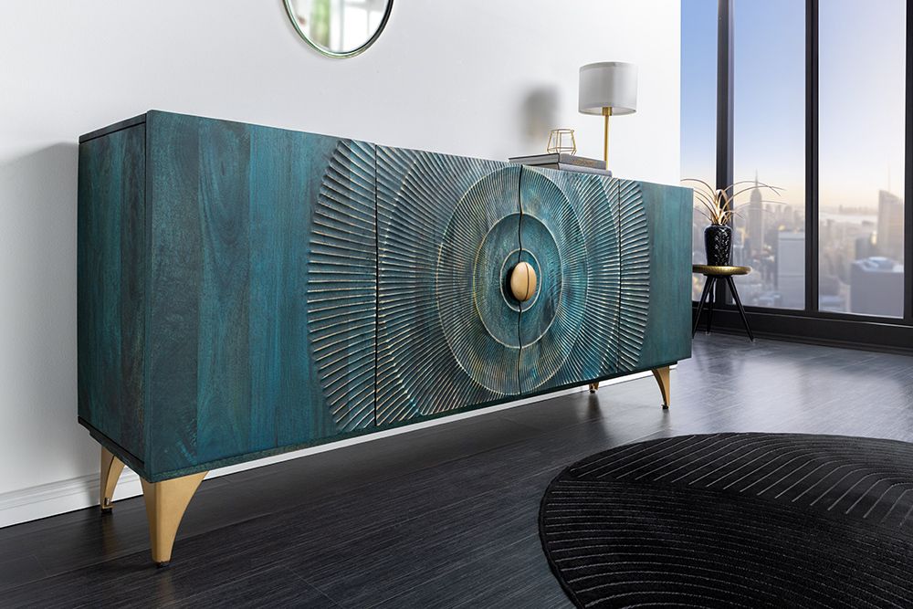 Handgearbeitetes Sideboard GOLDEN SUNSET 180cm türkis gold Mangoholz Metallbeine