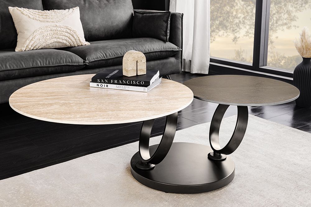 Design Couchtisch DANCING RINGS rost rund drehbar Travertin Keramik schwarz Gestell