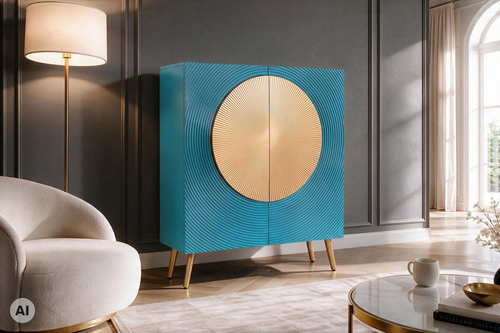 Massives Highboard AURUM 120cm türkis Mangoholz mit ikonischem Gold-Element