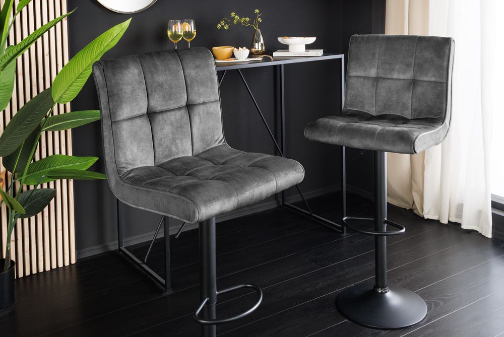 Höhenverstellbarer Barhocker MODENA grau Samt Metall schwarz drehbar