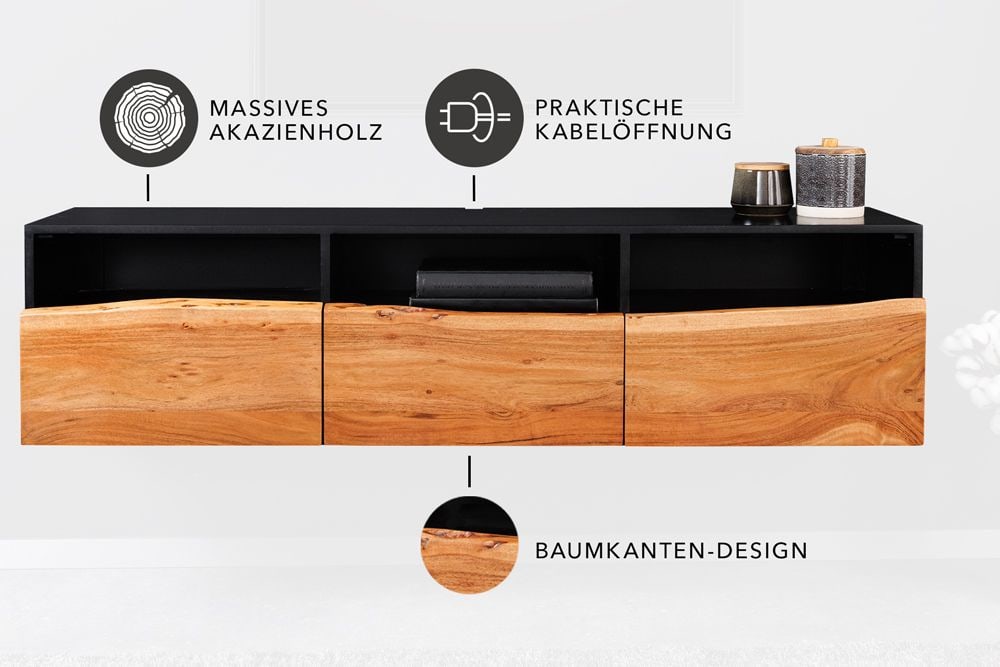 Hängendes TV-Lowboard ORGANIC ARTWORK 140cm anthrazit Akazie Massivholz Baumkante
