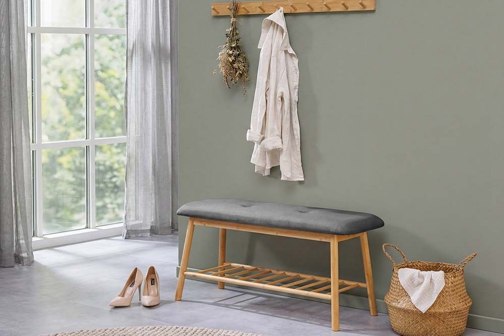 Stilvolle Schuhbank ZEN-BO 90cm natur grau Bambus Regal Sitzbank mit Stauraum
