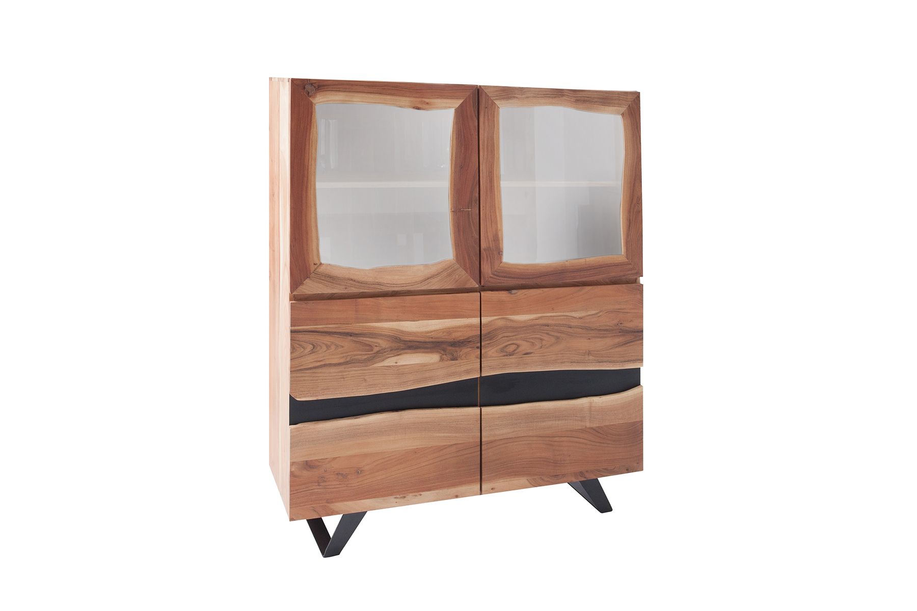 Massives Highboard AMAZONAS 140cm Akazie Metall Vitrine Baumkante