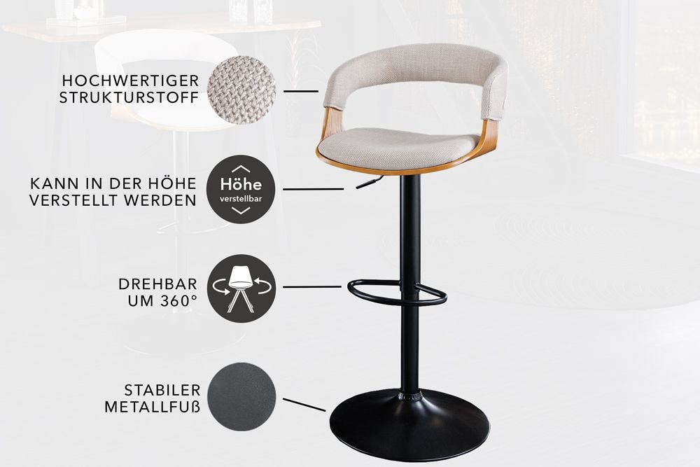 Retro Barhocker MANHATTAN beige Strukturstoff Eschenholz drehbar höhenverstellbar