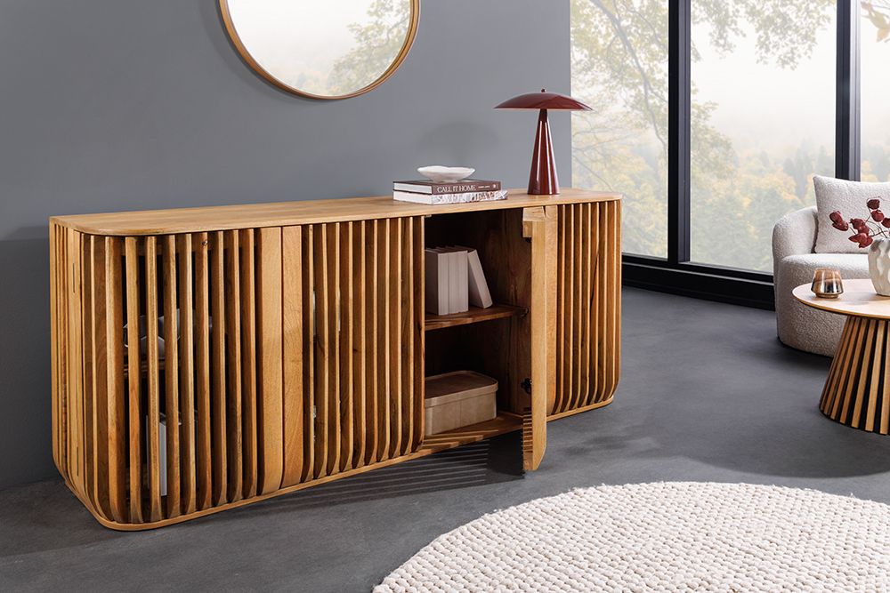 Massives Sideboard SCULPTURA 170cm natur Mangoholz mit abgerundeter Lamellenfront