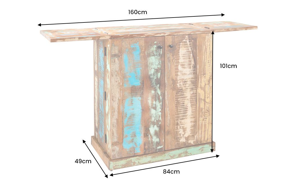 Einzigartiger Barschrank JAKARTA 100cm natur bunt recyceltes Massivholz aus Fischerbooten