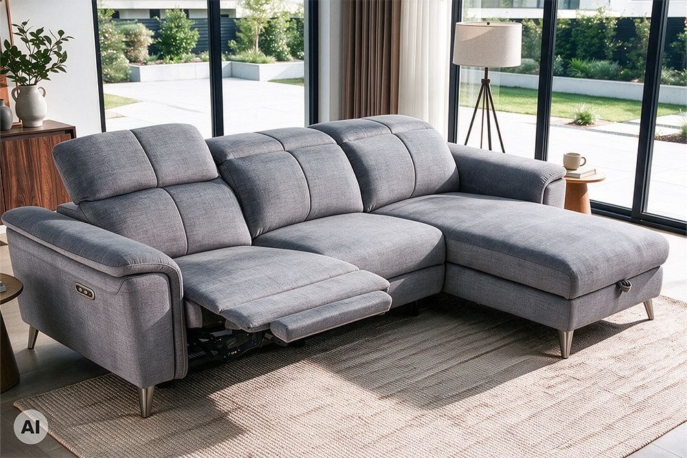 3-Sitzer Sofa IMPERIA 255cm grau Vogue Seiden Samtstoff elektrische Fußstütze