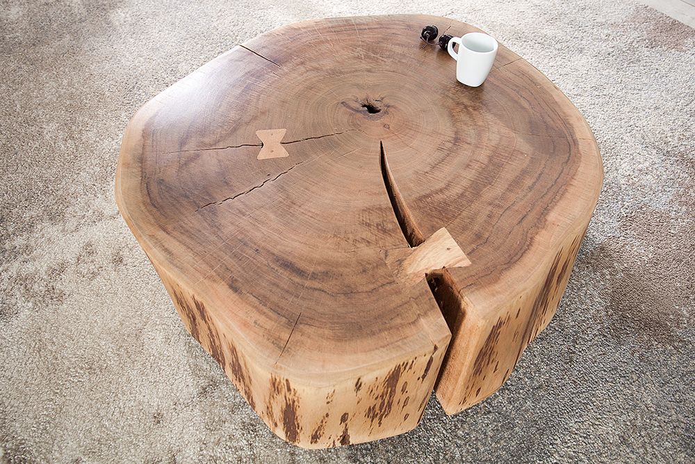 Baumstamm Couchtisch GOA 60cm natur Akazie Massivholz rund mit Rollen Unikat