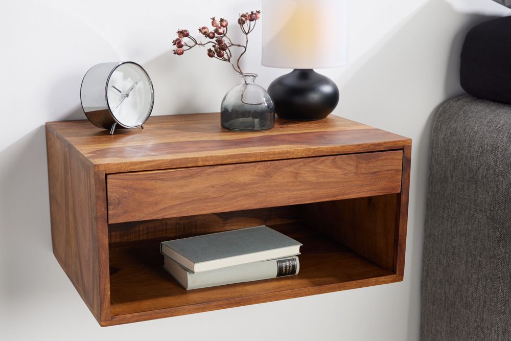 Hängender Nachttisch PURE 50cm braun Sheesham Massivholz stone finish Regal Schublade