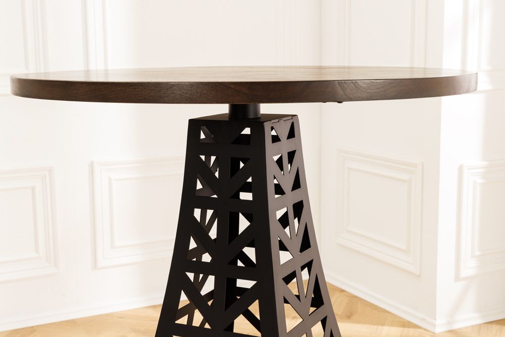 Runder Bartisch PARIS LOFT 105cm dunkelbraun Mangoholz Eiffelturm-Design