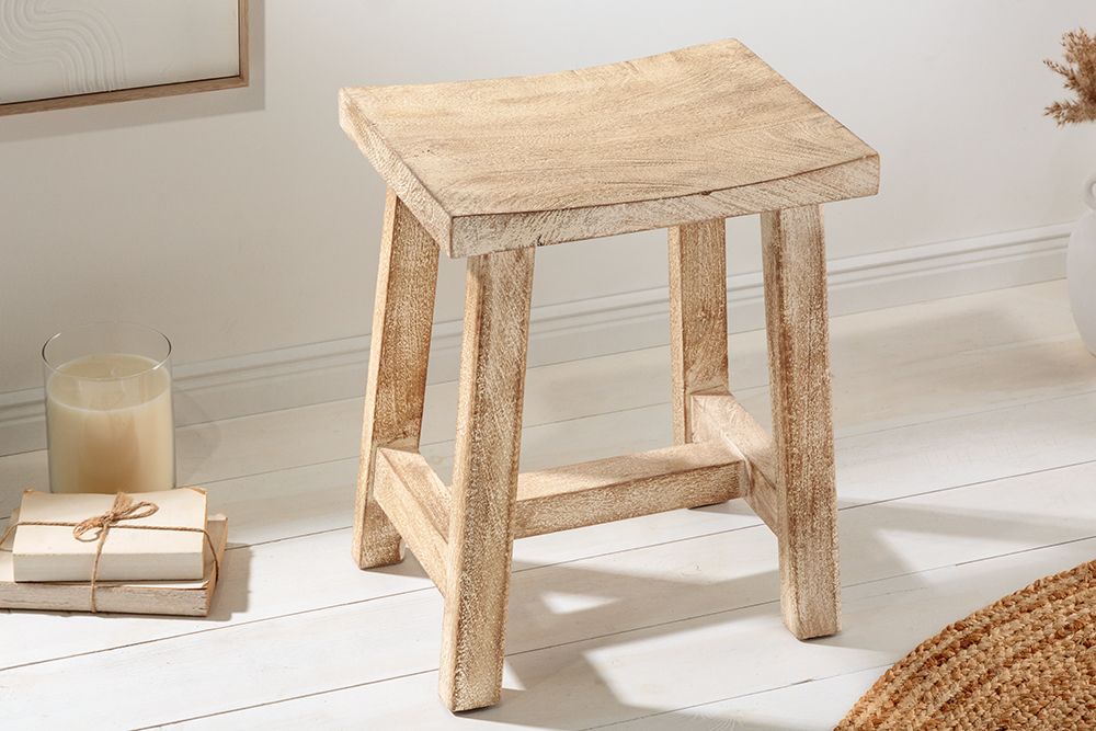 Massiver Hocker FINCA 45cm beige Mangoholz Handarbeit Boho Shabby Chic