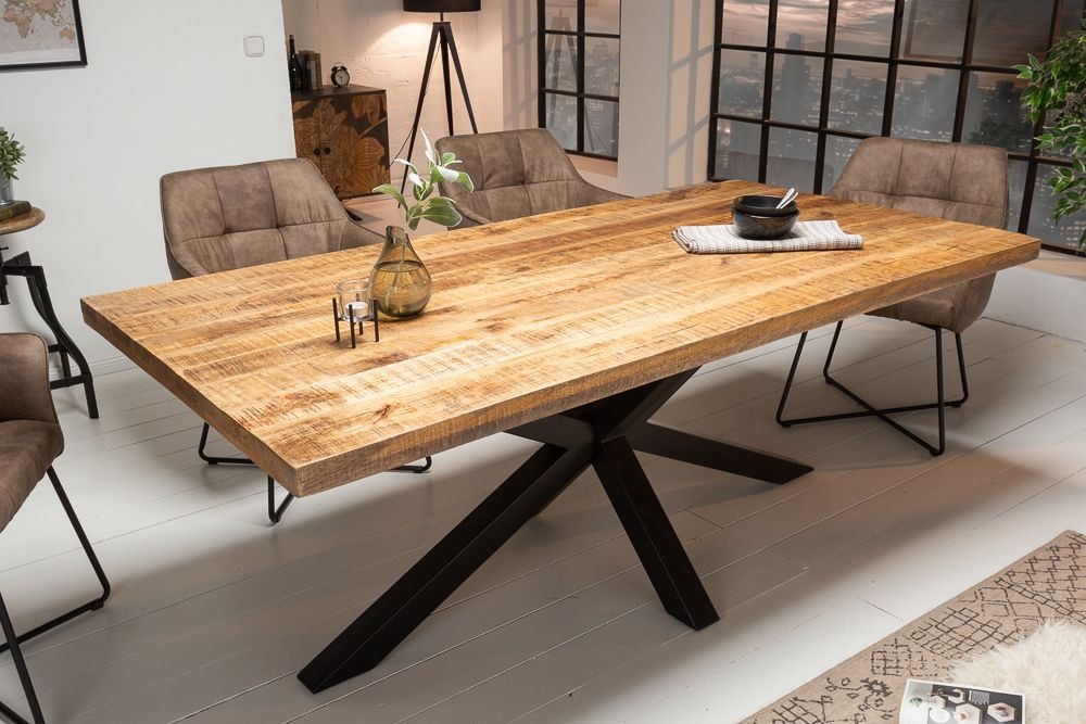Massiver Industrial Esstisch GALAXIE 180cm Mangoholz sternenförmiges Gestell