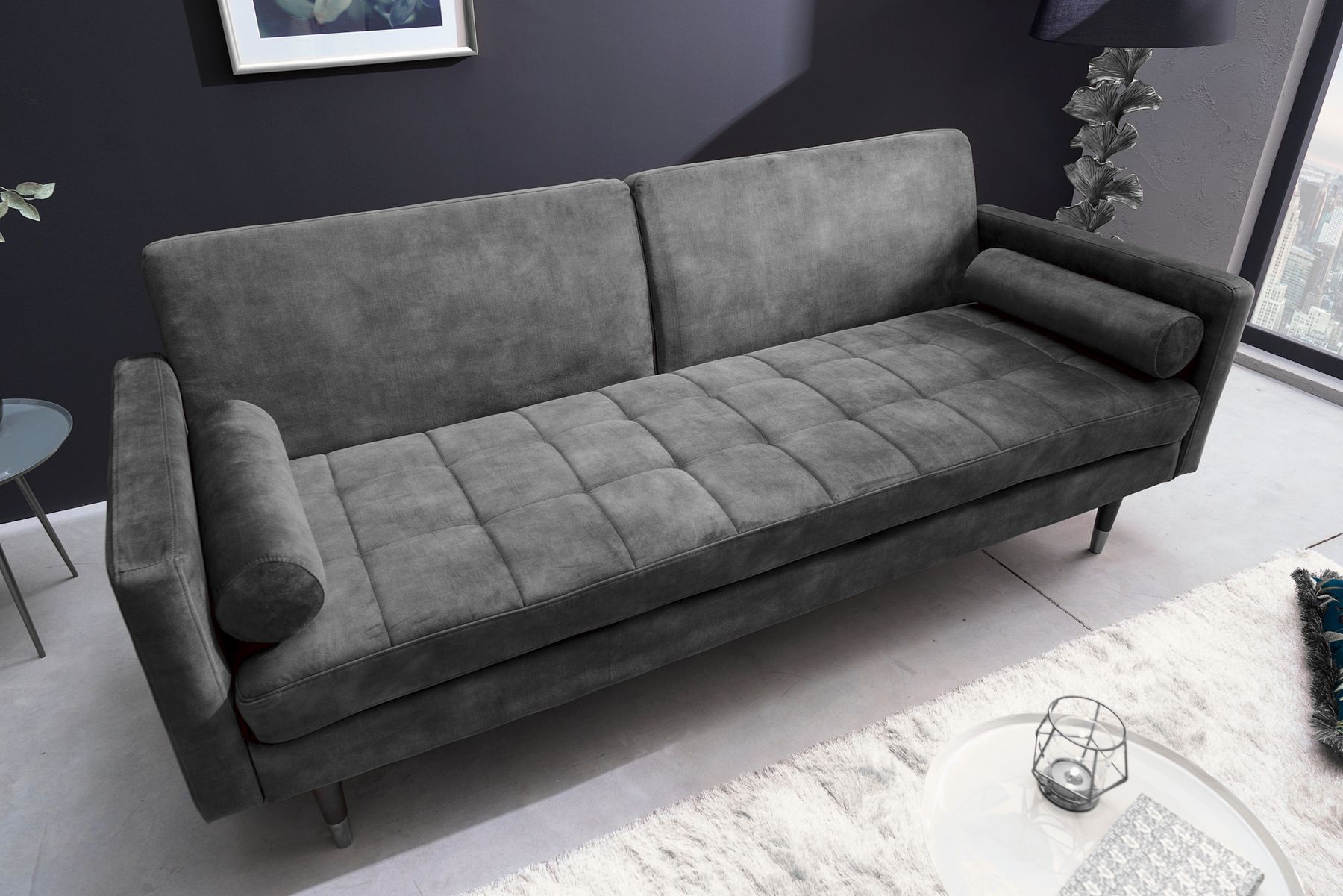 Modernes Schlafsofa COUTURE 200cm grau Microvelours 3-Sitzer Couch mit Schlaffunktion