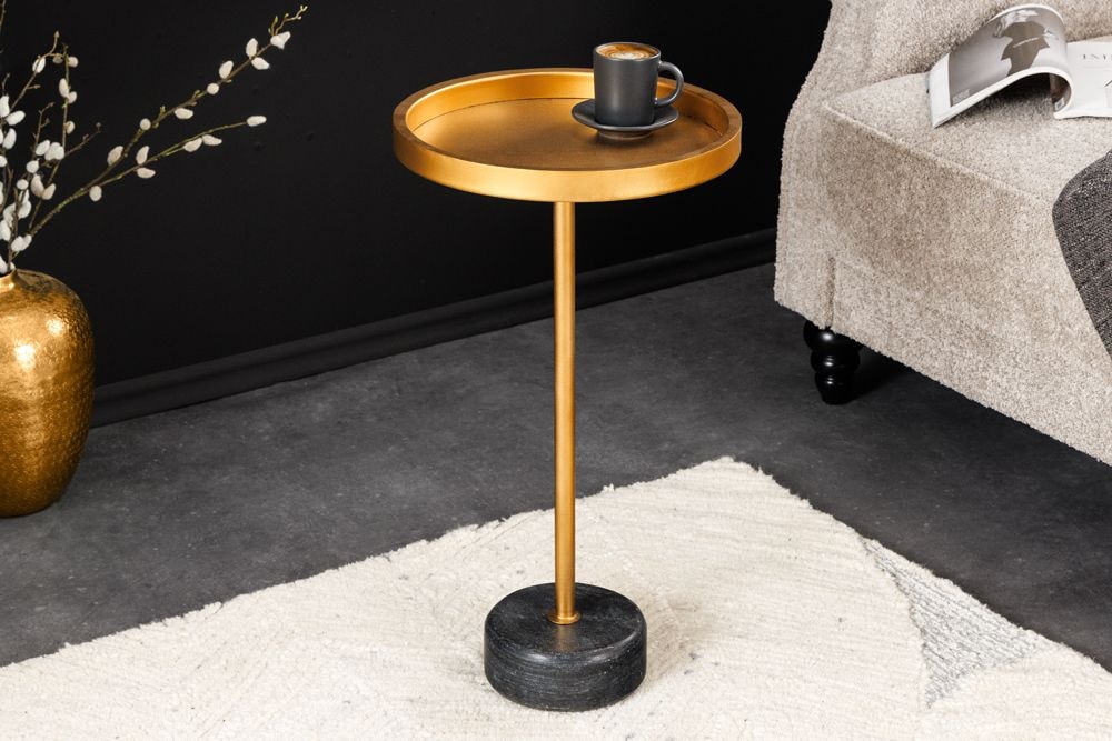 Runder Beistelltisch TRAYFUL 60cm gold Eisen schwarzer Marmorfuß handmade