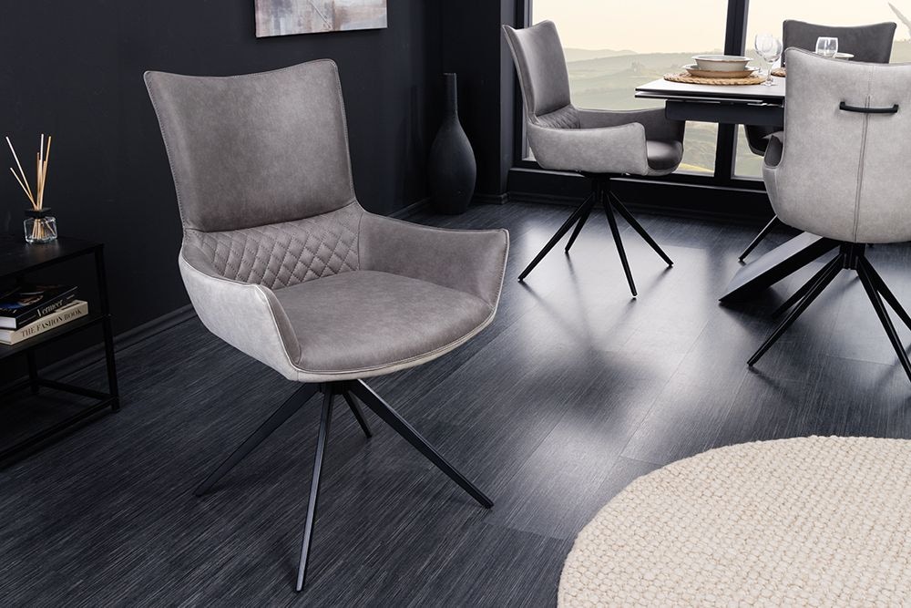 Drehbarer Design Stuhl ALPINE grau hellgrau Armlehnen schwarze Metallbeine