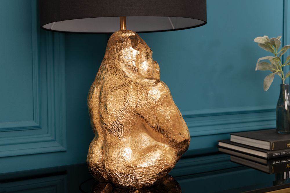 Design Tischlampe KONG 60cm gold Metall Affenlampe schwarzer Lampenschirm