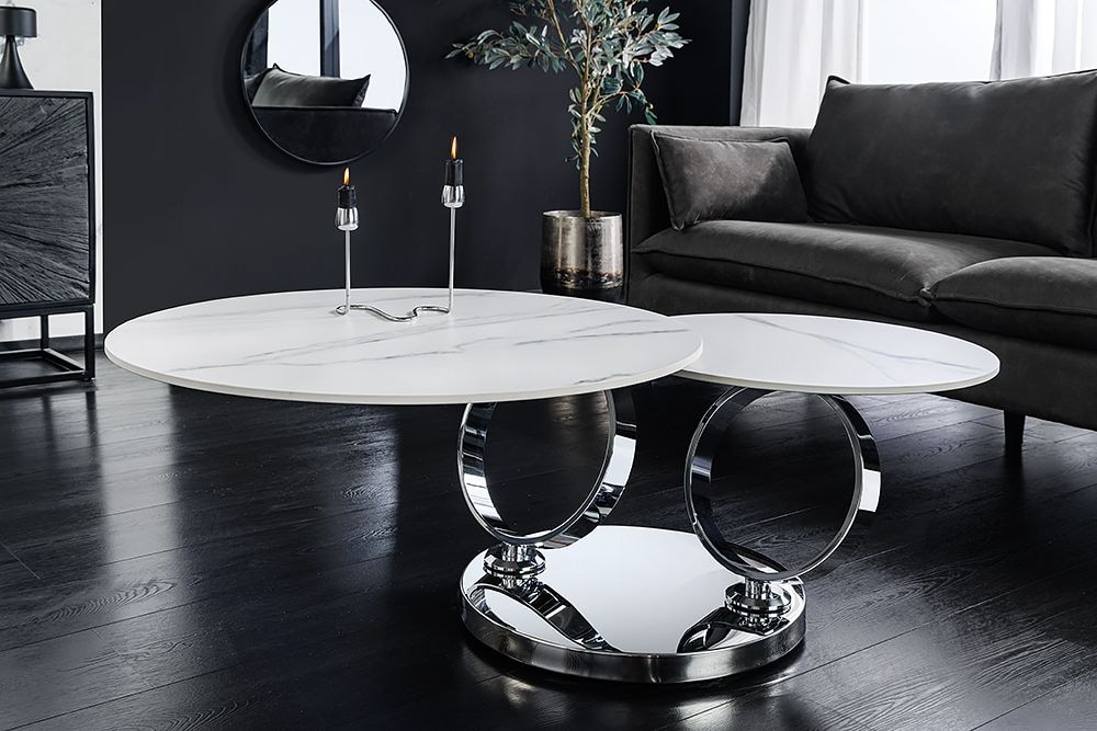 Design Couchtisch DANCING RINGS weiß rund drehbar Marmor Keramik Chrome Gestell