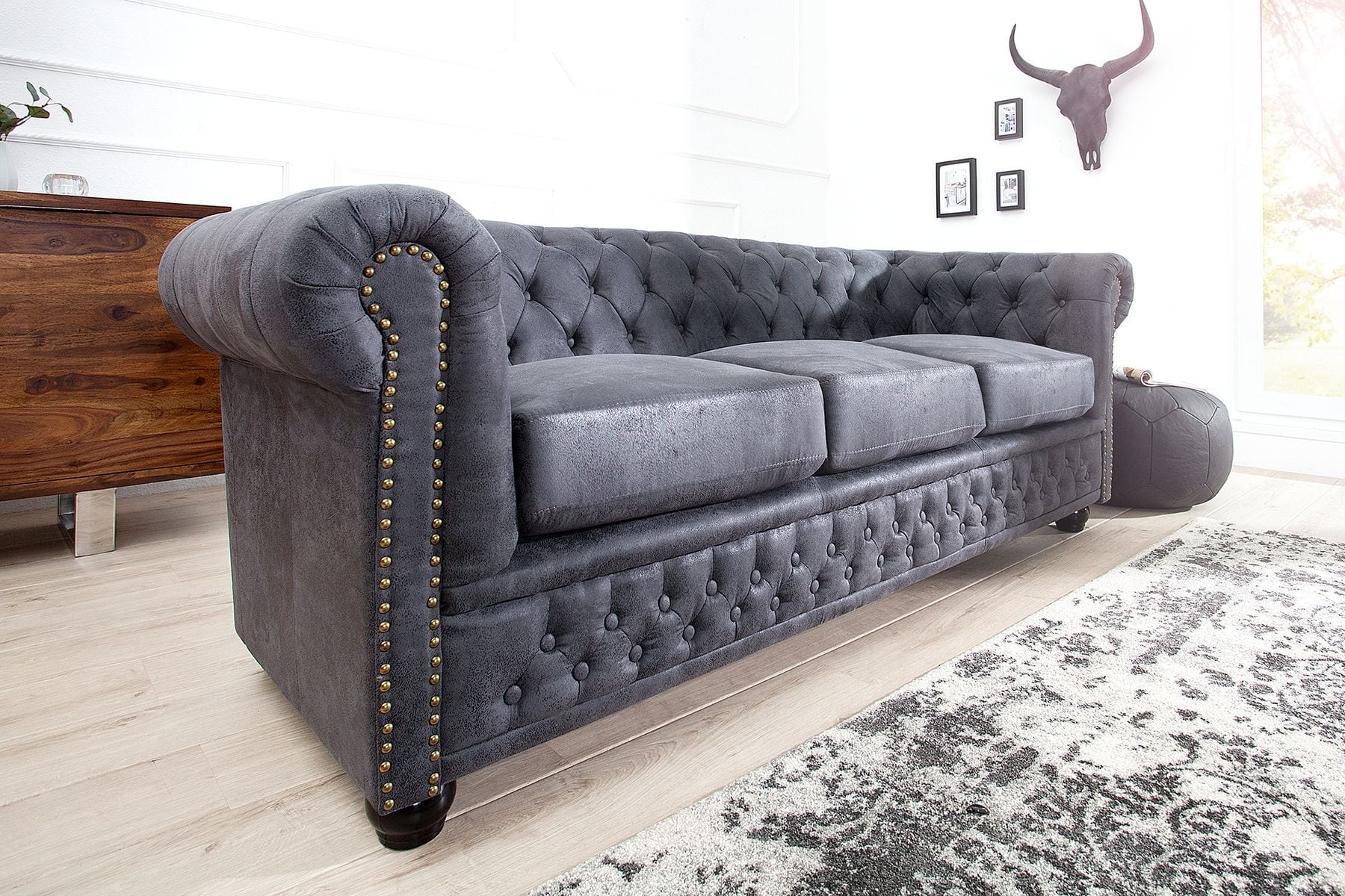 Design 3er Sofa CHESTERFIELD 200cm antik grau Federkern 3-Sitzer Loungesofa