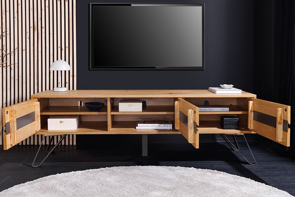 Massives TV-Lowboard LIVING EDGE 160cm natur Eichenholz Baumkante mit Hairpin Legs