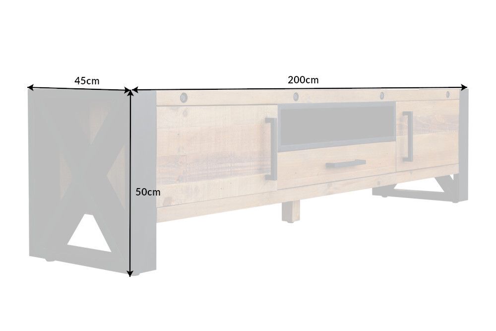 Massives TV-Lowboard THOR 200cm recyceltes Pinienholz im Industrial Design