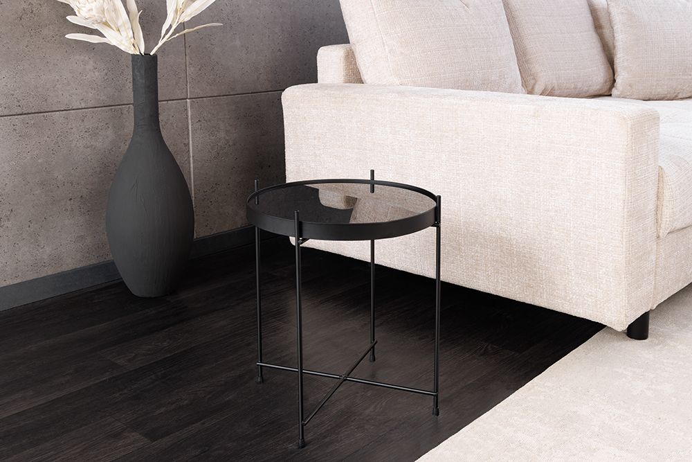 Runder Couchtisch ELEGANCE 45cm anthrazit Glas schwarz Metallgestell