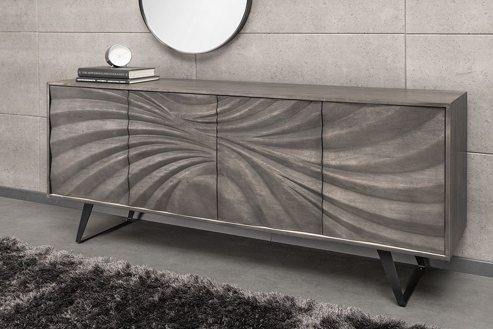 Massivholz Sideboard HURRICANE 175cm grau Akazie 3D-Design