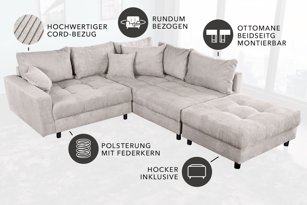 Modernes Ecksofa KENT 220cm beige Cord inkl. Hocker Federkern L-Form Wohnlandschaft