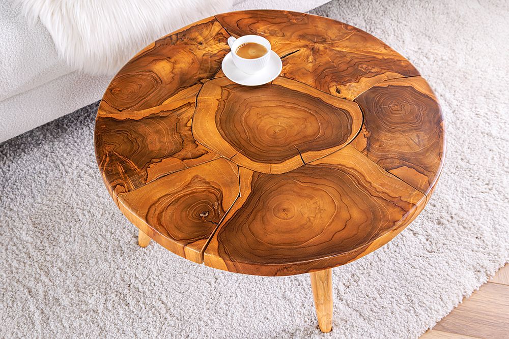 Runder Massivholz Couchtisch MOSAIK 60cm natur Teak Baumstamm handmade