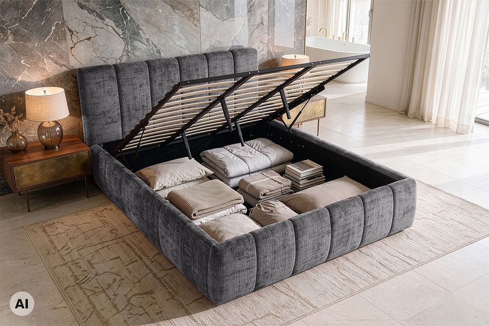 Design Boxbett ADLON 180x200cm grau Chenille mit Stauraum und Lattenrost