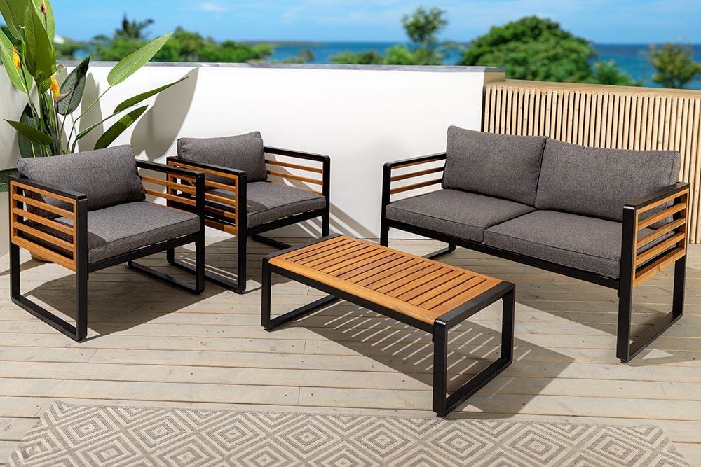 Outdoor Garten-Sitzgruppe PURE grau natur Akazie schwarz Metall inkl. Tisch Sitzpolster