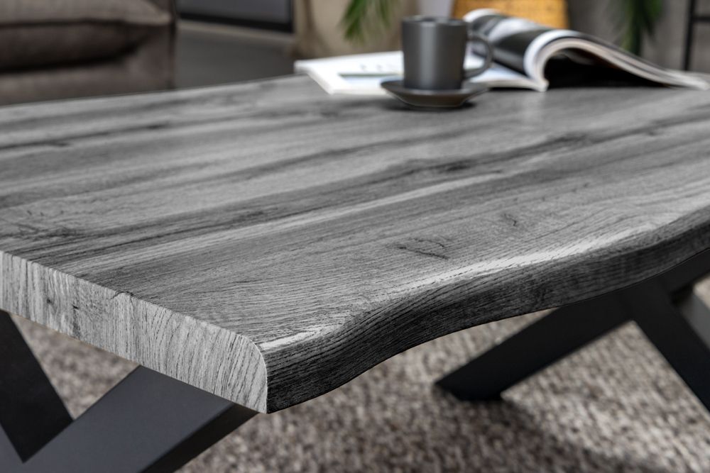 Industrial Couchtisch WILD 90cm grau Wildeichen-Design schwarz Metall Baumkante
