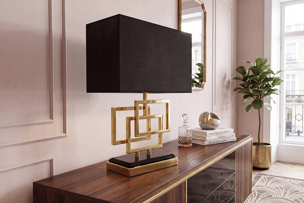 Moderne Tischleuchte ATLANTIS 56cm gold Stoffschirm schwarz Marmor Lampe