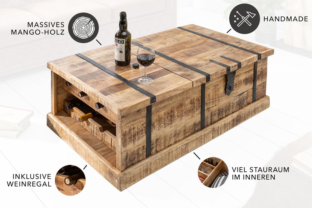 Massivholz Couchtisch BODEGA 100cm Mangoholz Hausbar Truhe mit Stauraum