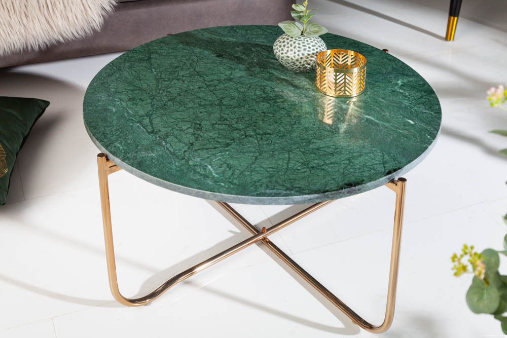 Runder Couchtisch NOBLE 65cm grün Marmor abnehmbare Tischplatte klappbar gold Metall