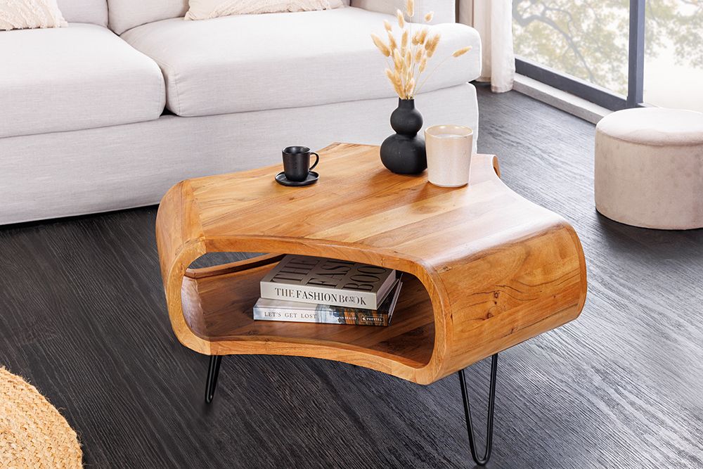 Retro Couchtisch ORGANIC LIVING 70cm braun Akazie Massivholz honey finish  Stauraum